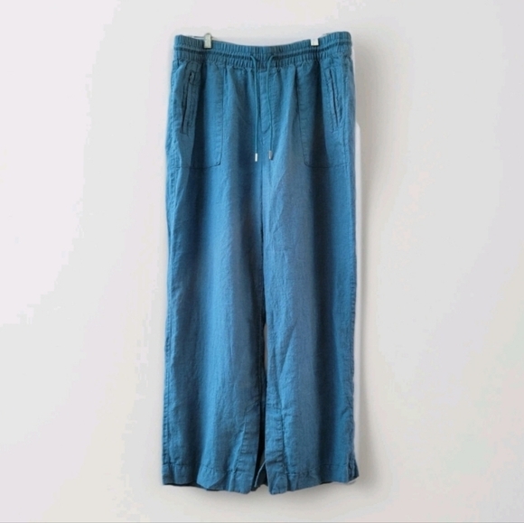 Athleta Retreat Wide Leg Linen Pants Size 14 Borealis Blue Straight Leg Resort - Picture 14 of 14